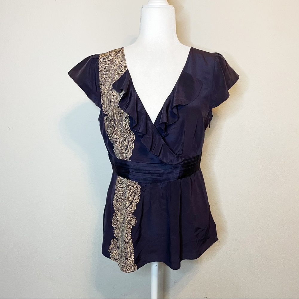 Anthropologie Odille Silk Surplice Ruffle Neck Shirt Size 12